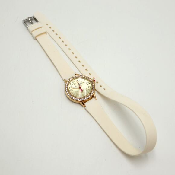 Betsey Johnson Gold Tone 30mm Watch Gem Bezel White Silicone Wrap w New Battery - Picture 8 of 9